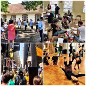 Vibrant collage of photographs of workers, organizers, activists, educators, students, and artists in action in various indoor and outdoor community settings in Chicago—in the street, in a park, in a rehearsal space, in an education center.