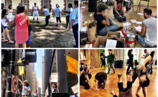 Vibrant collage of photographs of workers, organizers, activists, educators, students, and artists in action in various indoor and outdoor community settings in Chicago—in the street, in a park, in a rehearsal space, in an education center.